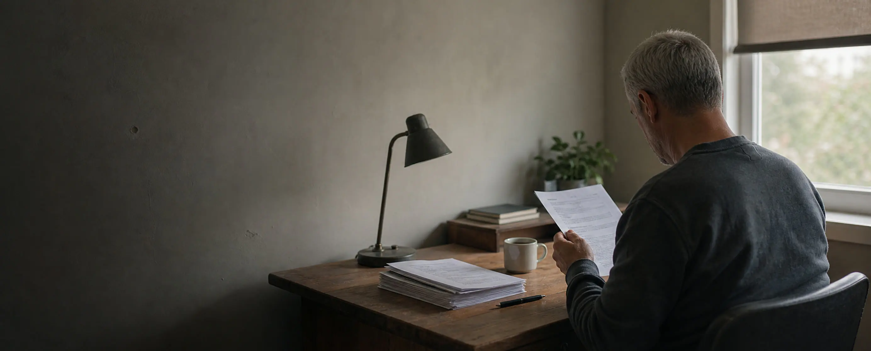 A person reading a printed page at a plain desk in an ordinary workroom, lit by a window.