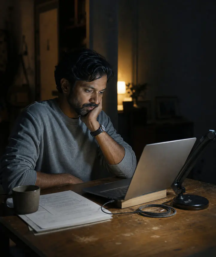 Someone reading on a laptop alone at a desk late at night, printed pages beside them.