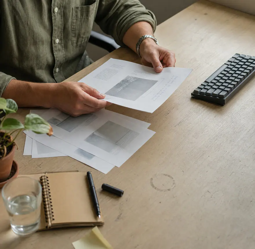 Hands holding a printed page marked up in pen, on a working desk in daylight.